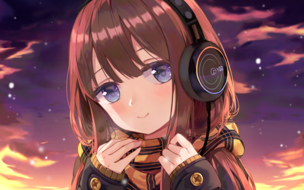 Anime Headphones Sunset Brown Hair Purple Eyes HD Wallpaper | Background Image