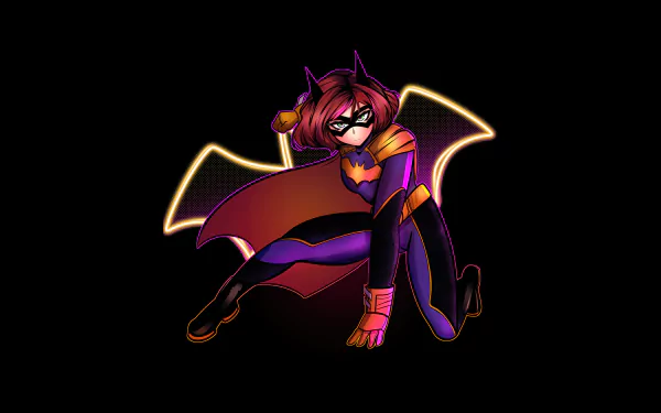 4K Ultra HD PC desktop wallpaper featuring Batgirl in vibrant purple and orange costume, set against a dark background with glowing bat wings, from DC Comics.