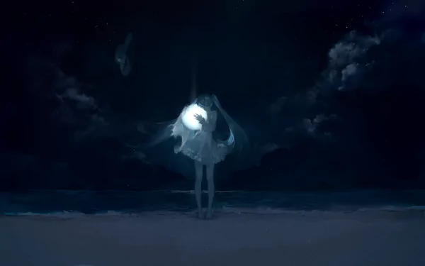 Anime-style HD desktop wallpaper featuring Vocaloid Hatsune Miku with long blue hair and a dress, standing barefoot under a dark, cloudy night sky.