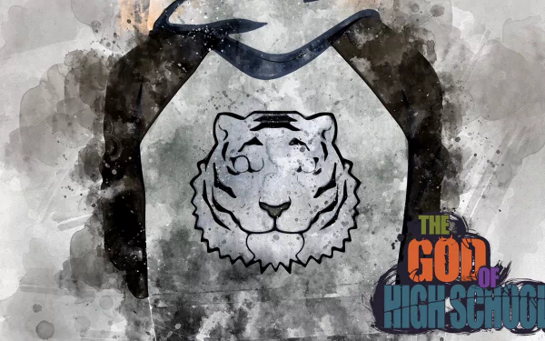 HD anime wallpaper of Jin Taejin's raglan shirt with a stylized tiger emblem in watercolor grunge, dark sleeves and a distressed background, The God of High School logo in the lower right.