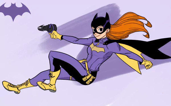 DC Comics comic Batgirl 4K Ultra HD PC desktop wallpaper and background: Batgirl in purple and yellow costume, red hair flowing, cape and batarang on a lavender backdrop.
