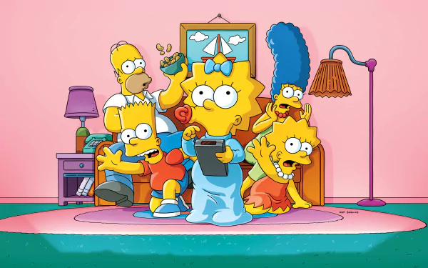 The Simpsons family—Homer, Marge, Bart, Lisa, and Maggie—pose together in their living room in this 4K Ultra HD desktop wallpaper from the TV show The Simpsons.