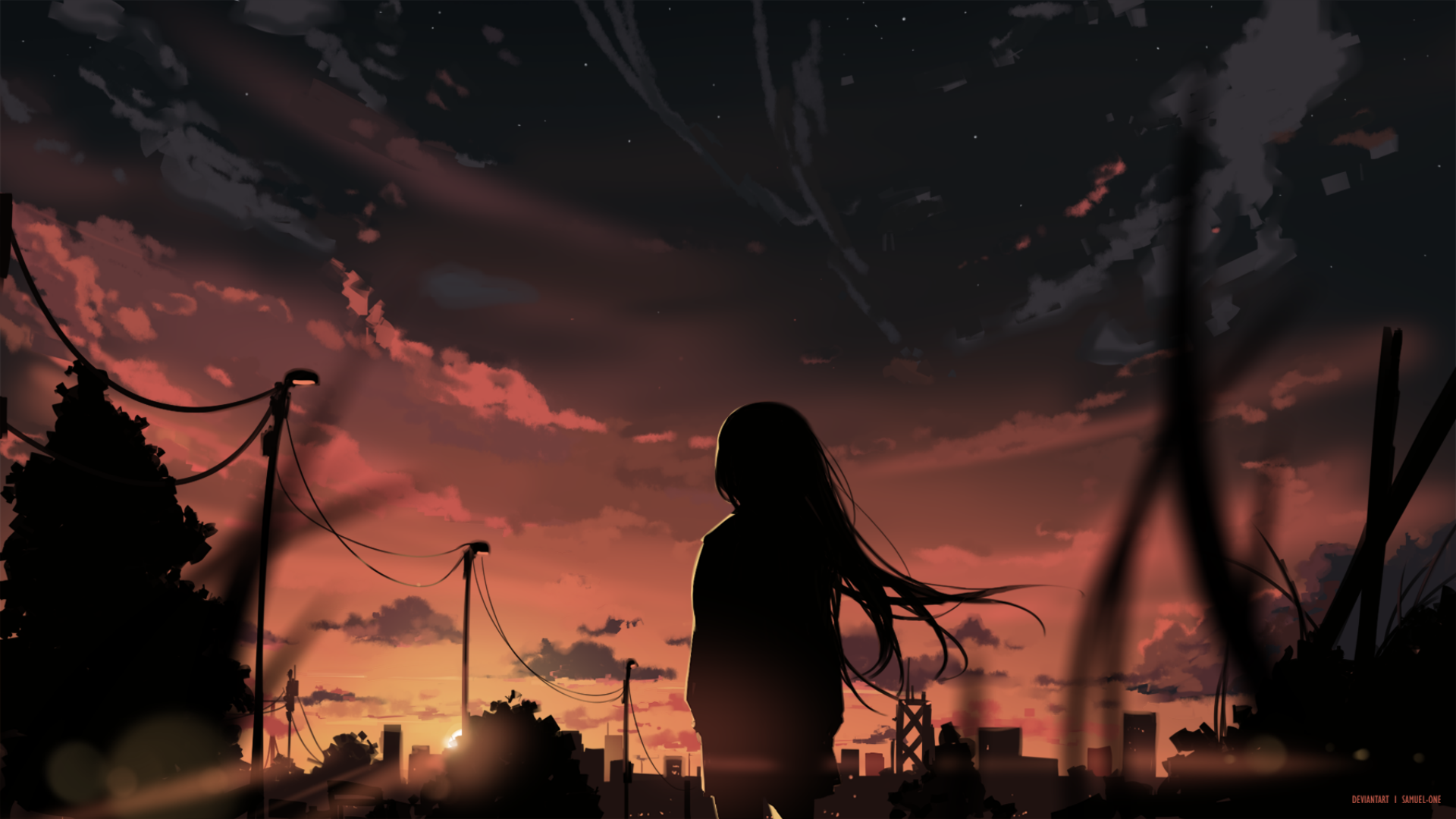 Anime scenery, sunset, anime school girl, clouds, artwork, Anime, HD  wallpaper