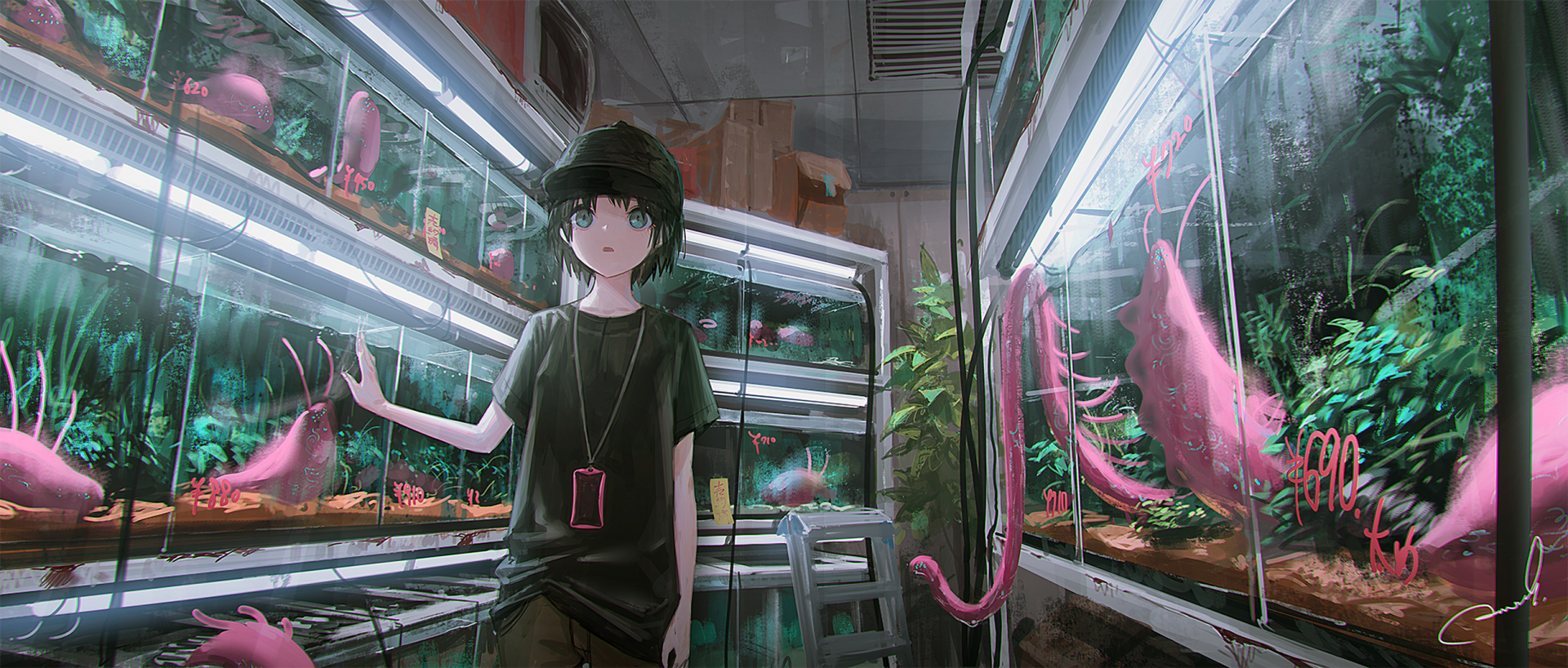 Original anime HD PC desktop wallpaper: green-haired youth in dark clothes stands in a neon-lit aquarium shop among tanks of pink axolotls and lush aquatic plants.