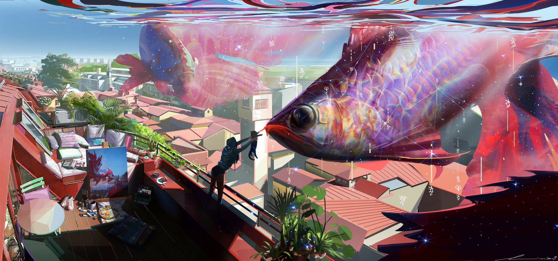 HD anime cat desktop wallpaper featuring a surreal scene with a giant fish swimming above a cityscape, blending vibrant colors and original design elements.
