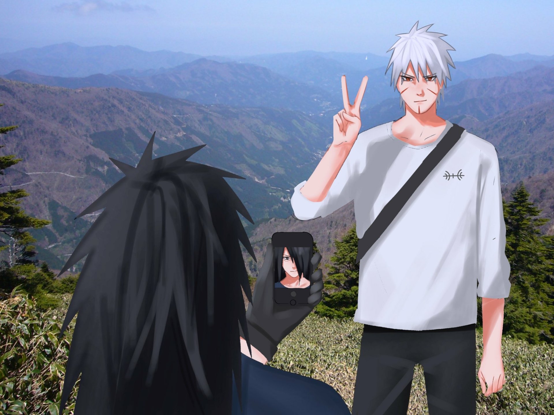 HD PC desktop wallpaper featuring Tobirama Senju and Madara Uchiha from the anime Naruto, set against a scenic mountain background.