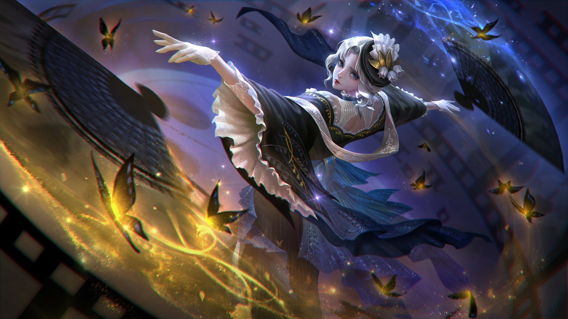 Fantasy woman with white hair and blue eyes, drifting amid glowing butterflies and swirling magic — 2K Quad HD PC desktop wallpaper/background.