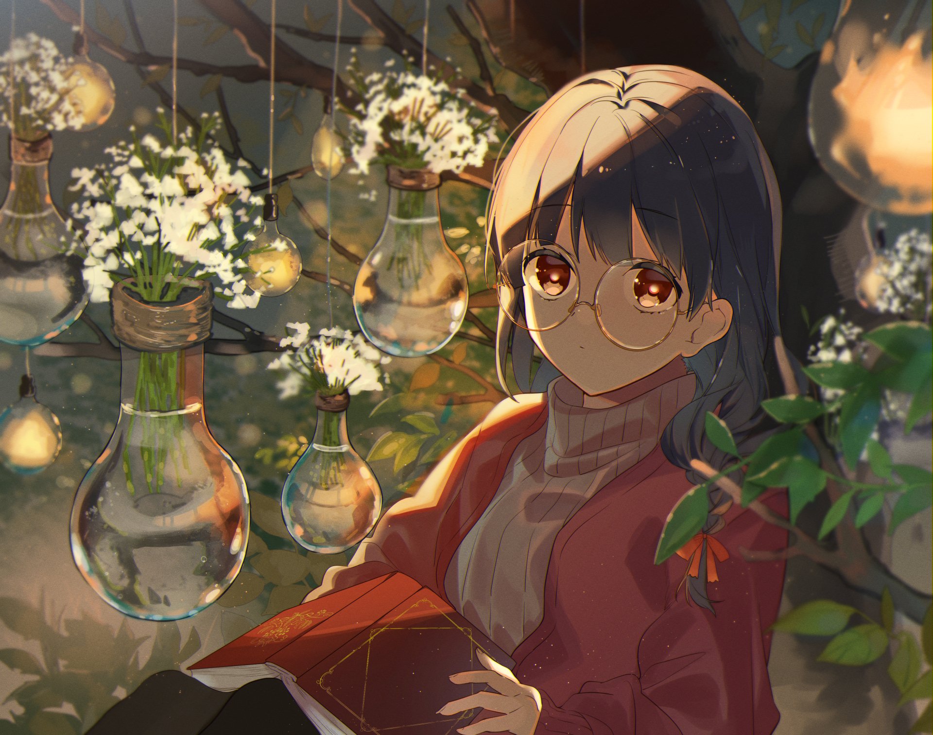 HD anime desktop wallpaper featuring a thoughtful anime girl with glasses surrounded by hanging glass vases and soft, warm lighting in a peaceful, nature-inspired setting.