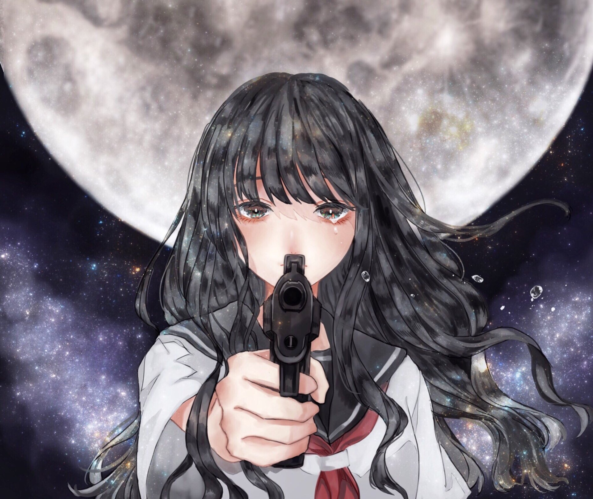 Download Uniform Gun Moon Anime Original HD Wallpaper by Aさん