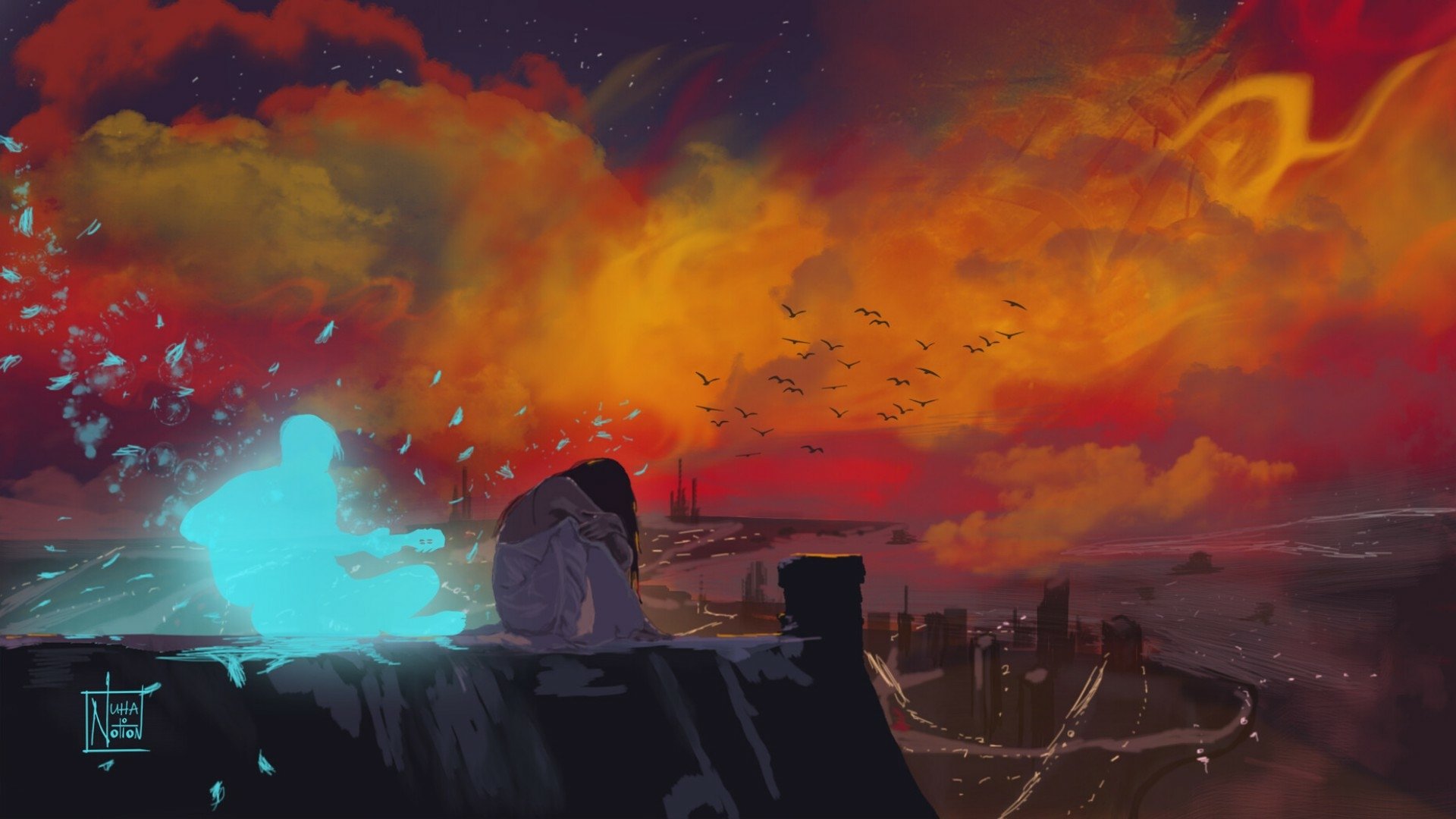 Artistic HD desktop wallpaper of a vibrant sunset with glowing clouds and a serene figure beside another, evoking love and calm under a colorful sky.