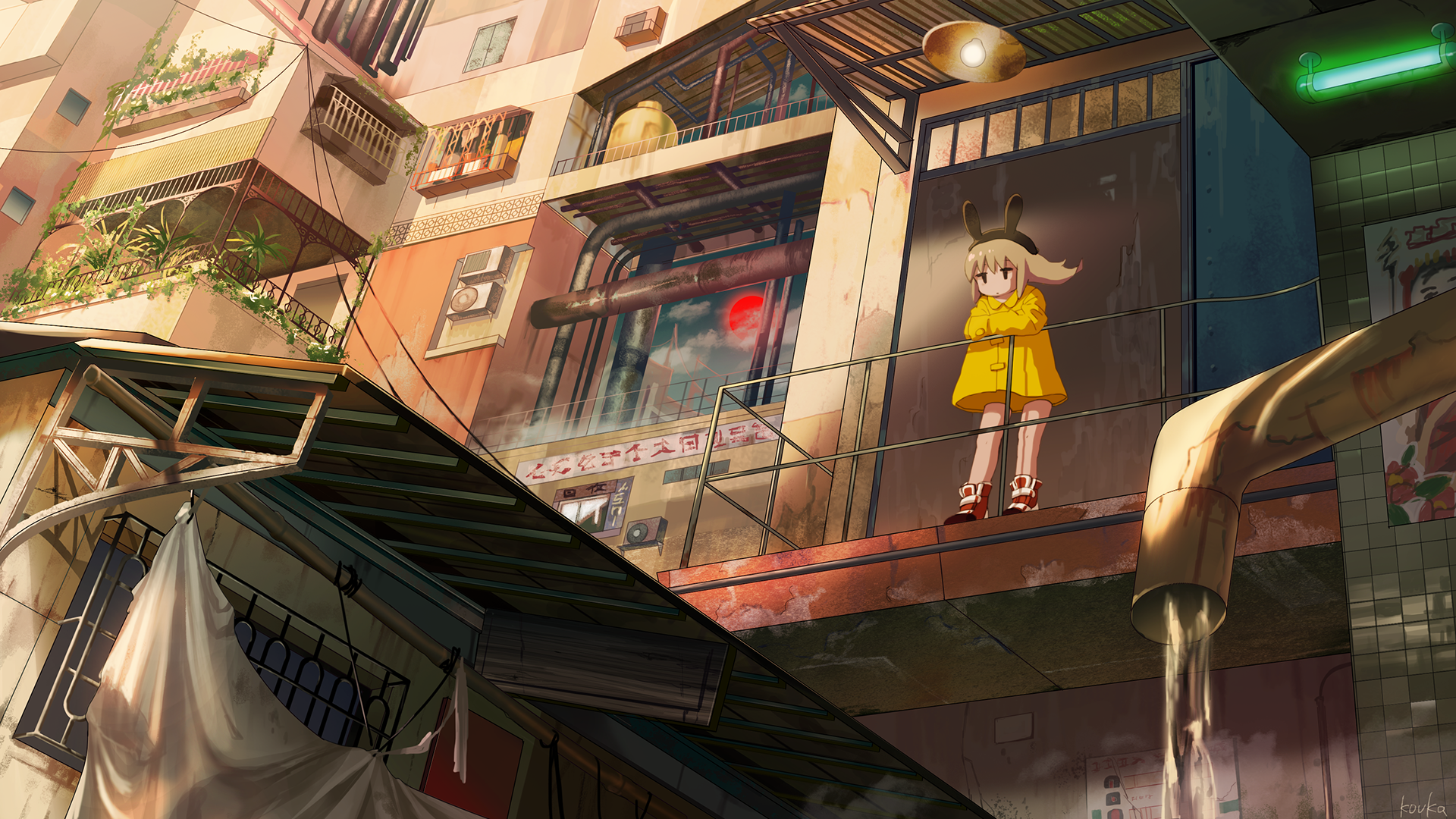 HD anime-style original desktop wallpaper featuring a girl in a yellow dress standing on a balcony in a detailed urban setting at sunset.