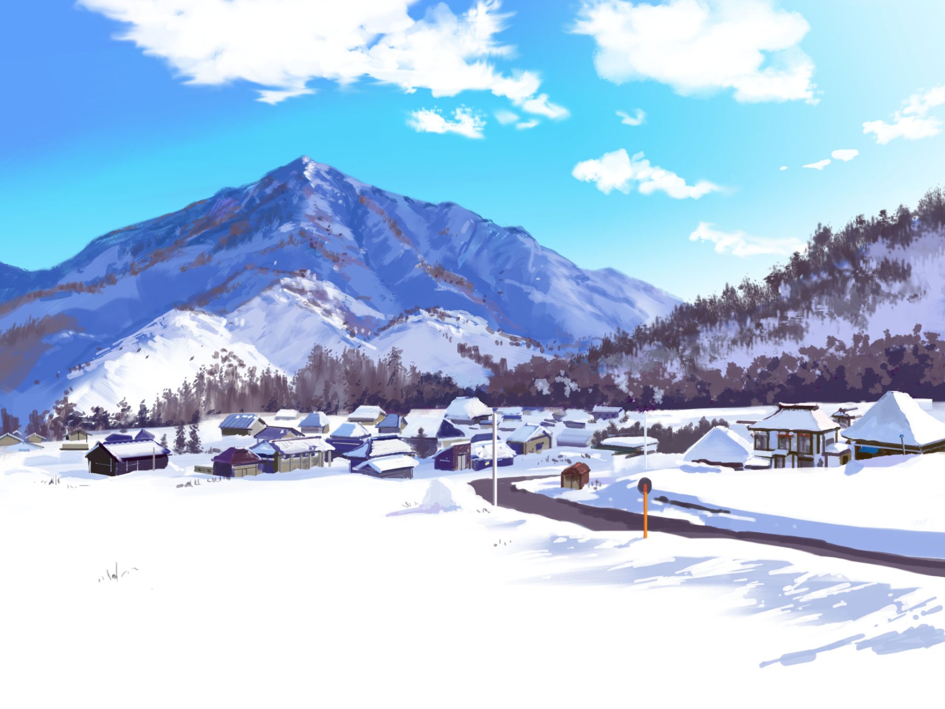 HD anime-style winter landscape depicting a snowy village beneath towering mountains under a bright blue sky, designed as a PC desktop wallpaper background.