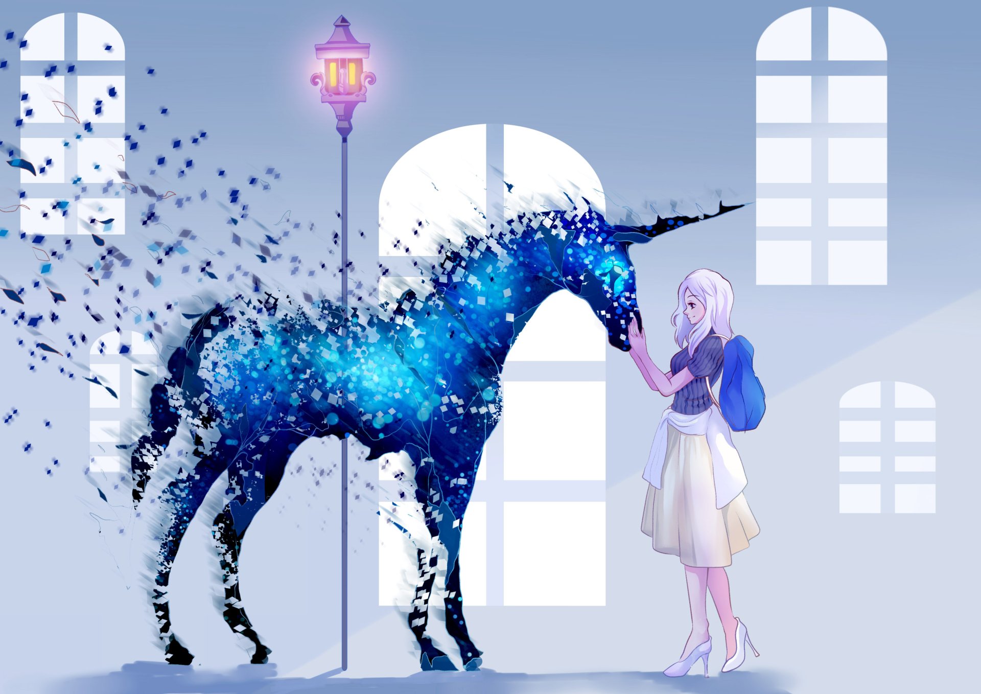 Anime-style HD desktop wallpaper featuring a white-haired girl touching a shimmering blue unicorn in a softly lit, windowed room.