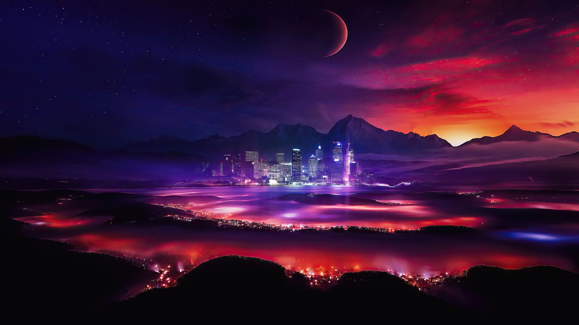 4K Ultra HD artistic night cityscape with glowing lights beneath mountain silhouettes, a vivid sky, and a crescent moon, creating a mystical and vibrant desktop wallpaper.