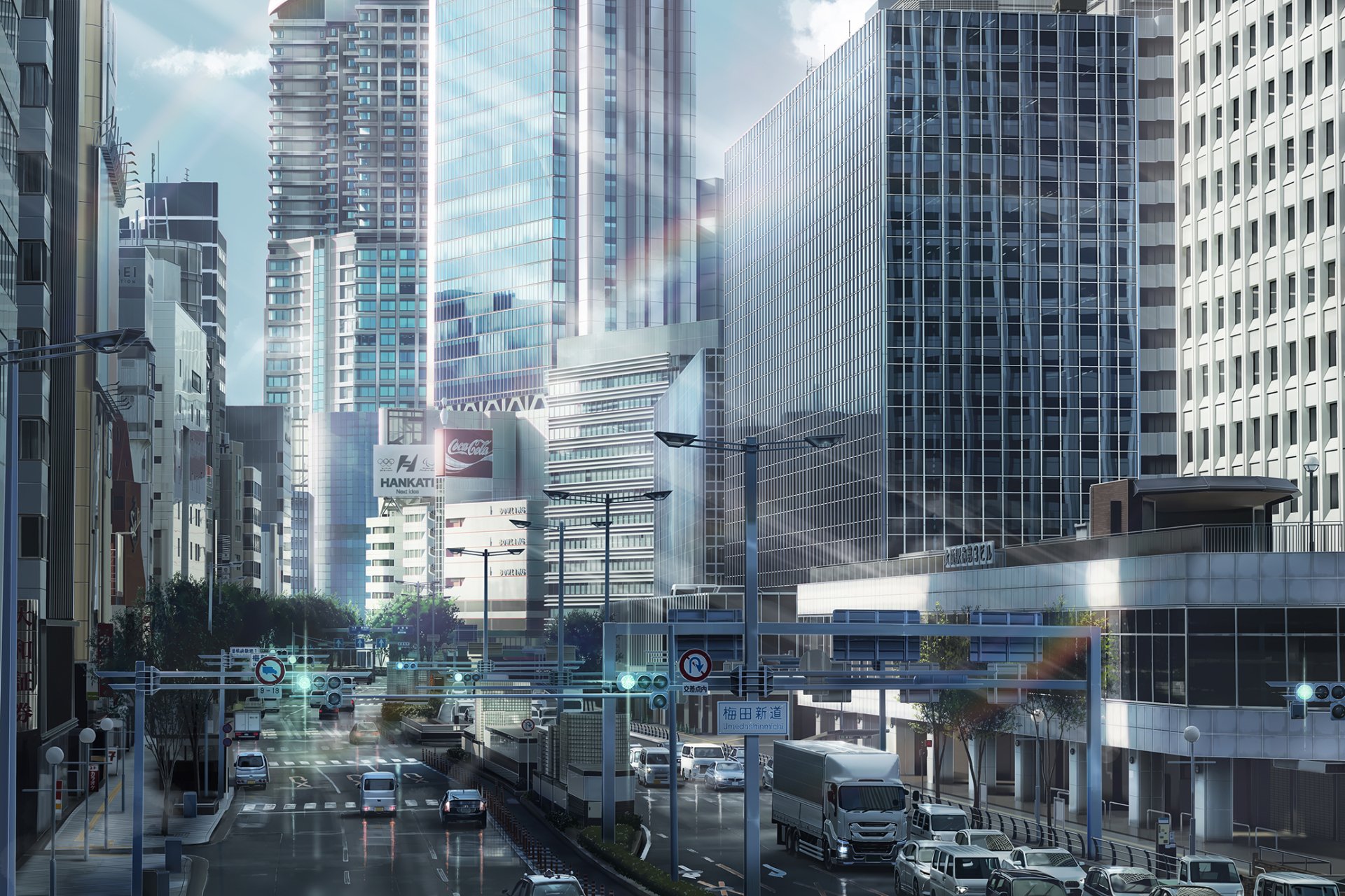 HD anime cityscape wallpaper featuring a sunlit street with detailed anime-style buildings and cars, capturing a vibrant urban atmosphere.
