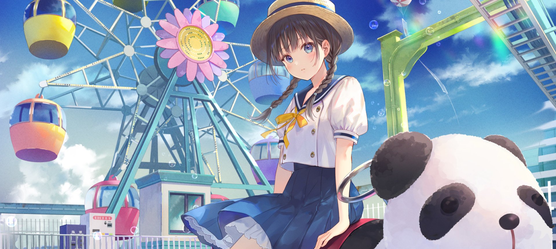 Anime girl with blue eyes and braided hair wears a school uniform and hat, sitting near a panda ride with a ferris wheel in the bright, clear amusement park background.