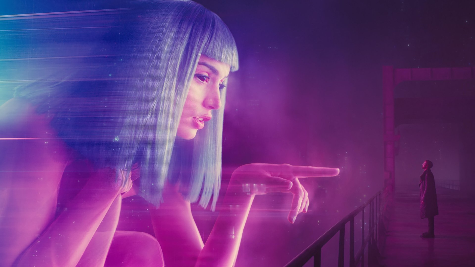 4K Ultra HD Blade Runner 2049 wallpaper featuring Ana de Armas as Joi and Ryan Gosling as Officer K in a futuristic, neon-lit scene.