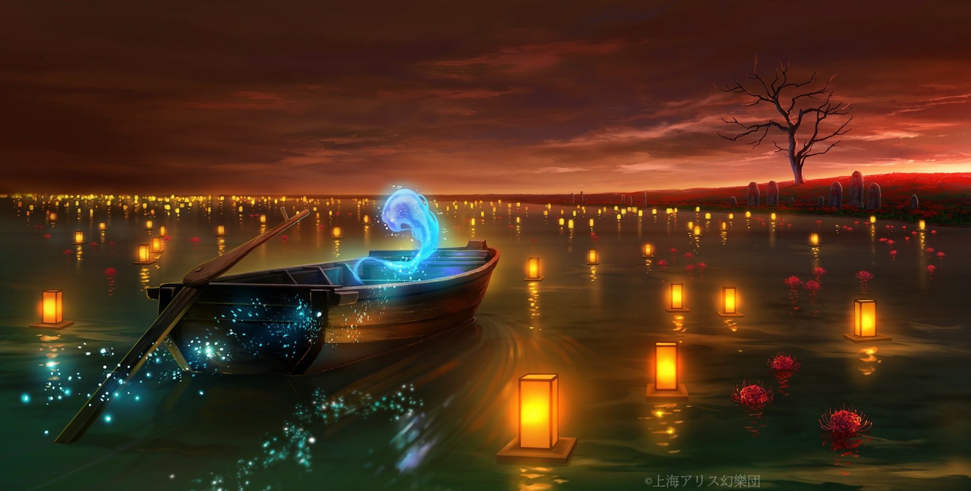 Anime-style night scene over a lake with glowing lanterns floating on water, a boat with a glowing figure inside, and a dark, cloudy sky, rendered in HD for desktop wallpaper.