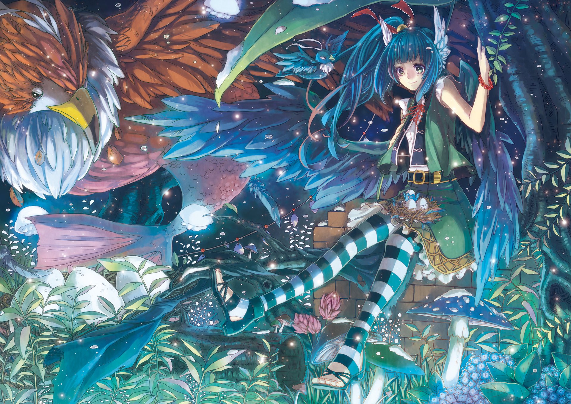 HD anime desktop wallpaper featuring a detailed anime girl with vibrant blue and black wings surrounded by a mystical, colorful forest and a majestic eagle.