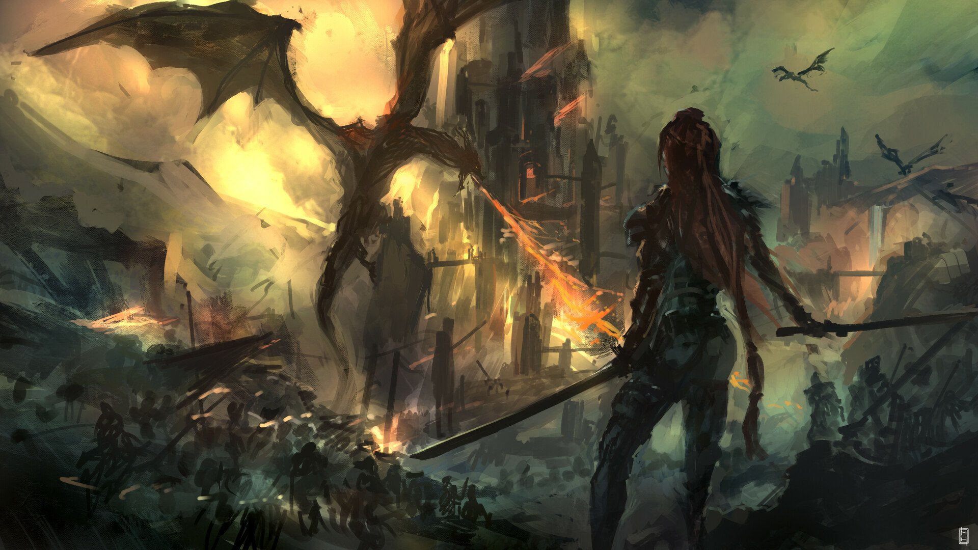 HD fantasy PC wallpaper depicting a woman warrior facing a fire-breathing dragon amidst a burning castle and dark, smoky battlefield.