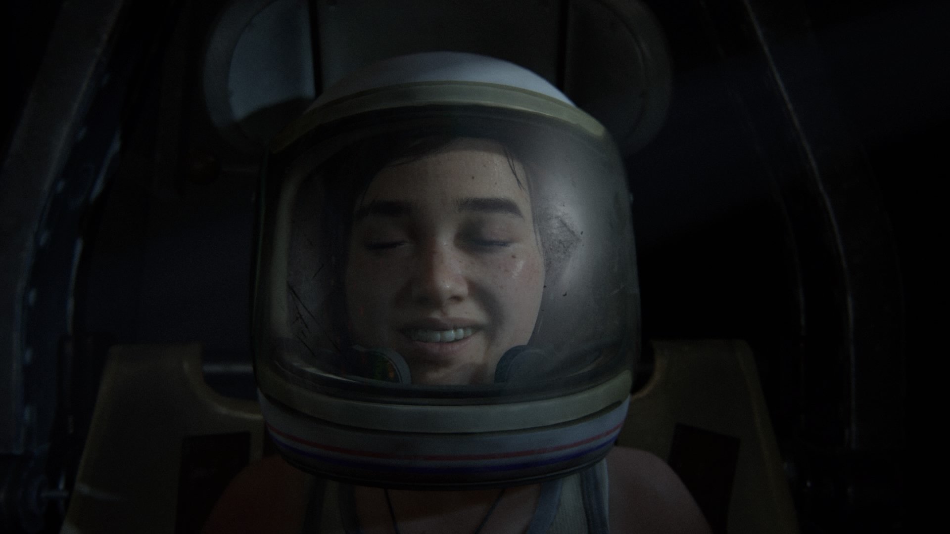 Ellie from The Last of Us Part II is shown wearing an astronaut helmet, captured in a detailed HD video game wallpaper for PC desktop backgrounds.