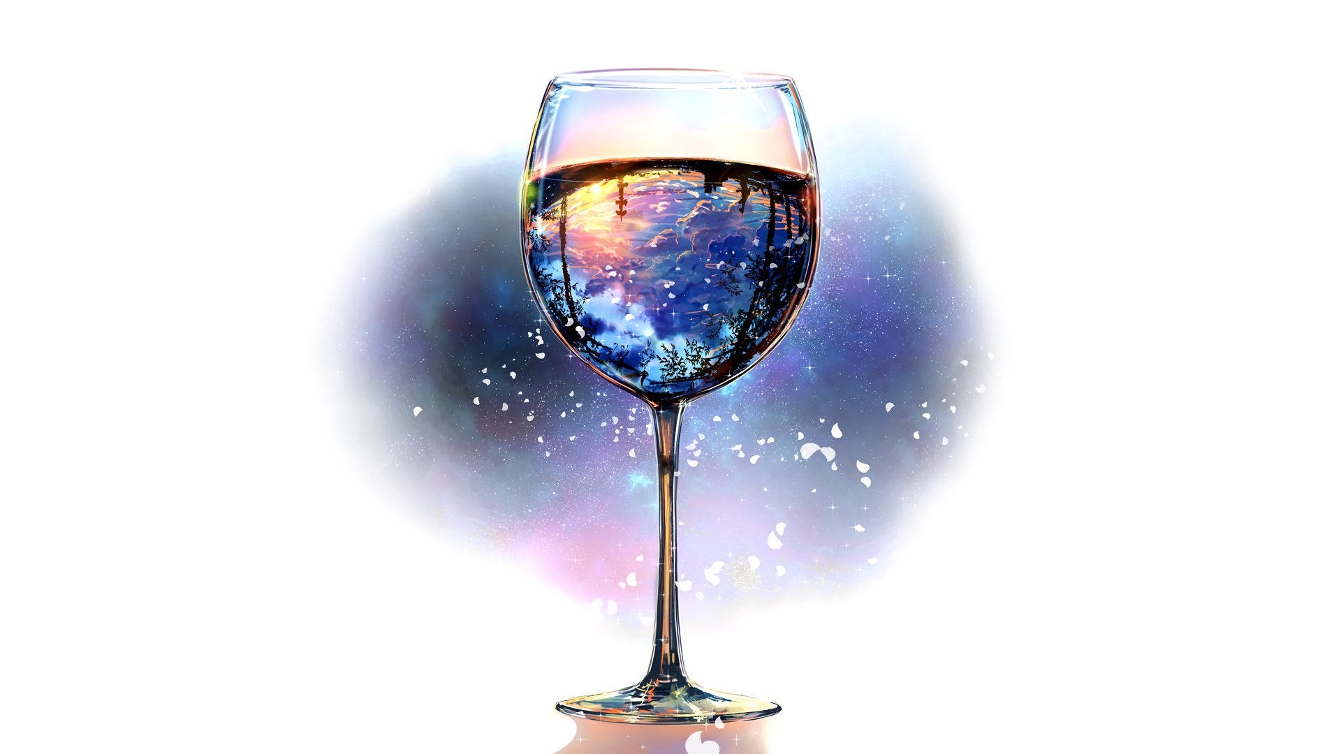 HD Anime-style desktop wallpaper featuring a glass of water reflecting a vibrant sky with clouds, blending elements of glass, water, and sky in a colorful, artistic design.