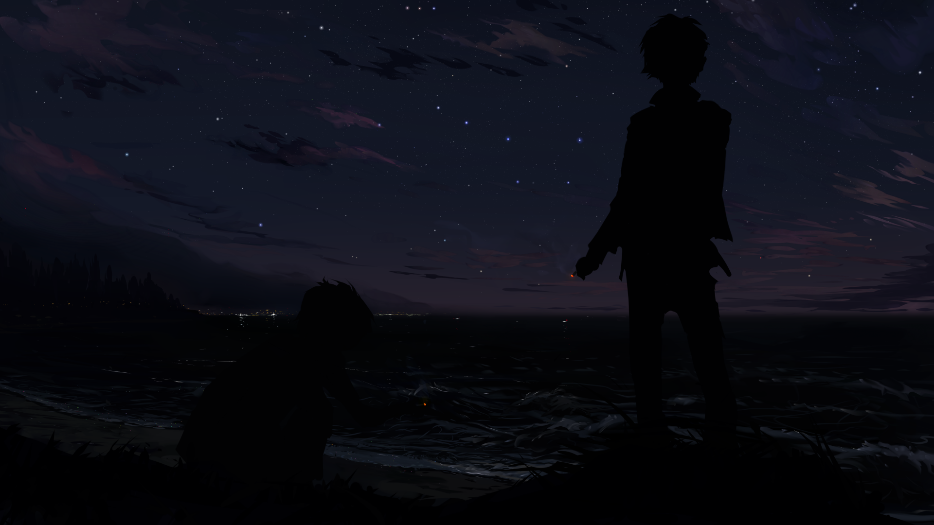 Anime boy standing by the seaside at night, with another figure sitting down, gazing at the starry sky. HD desktop wallpaper and background.