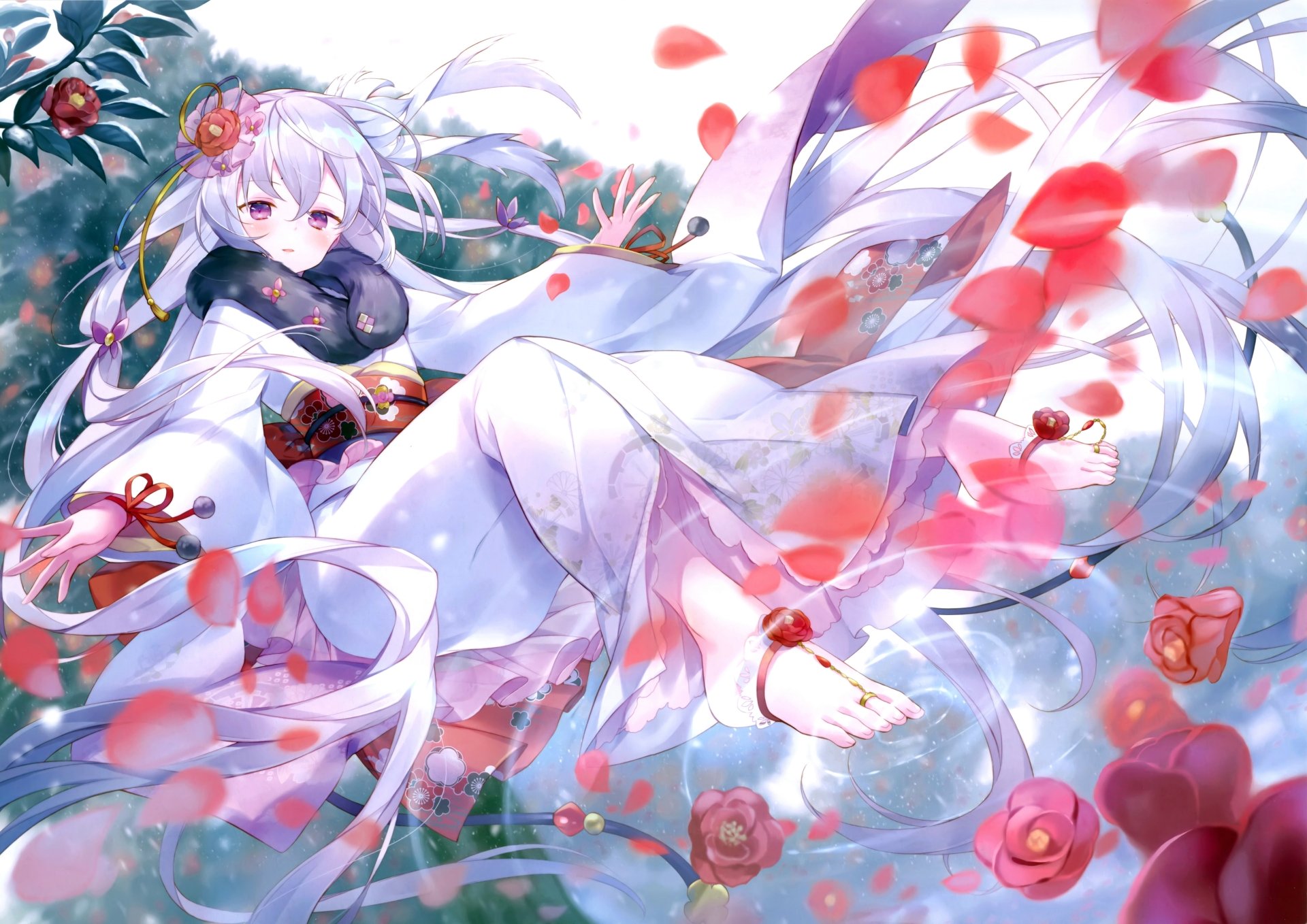 4K anime wallpaper: white-haired girl in a floral kimono, long flowing hair and purple eyes, drifting among camellia petals and soft pastel light.