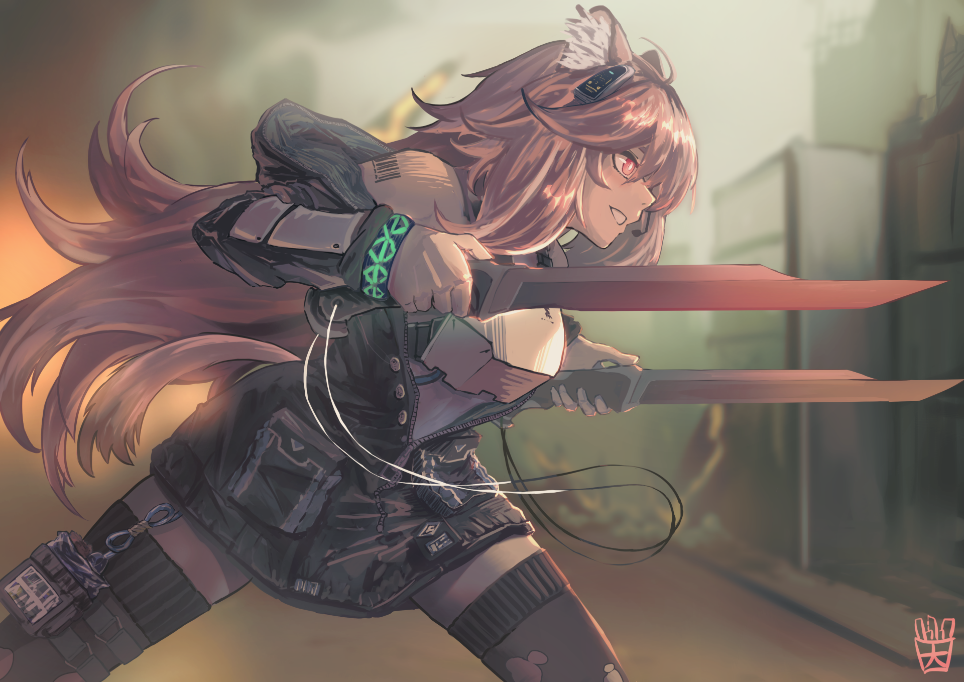 4K Ultra HD desktop wallpaper featuring Gravel from the video game Arknights, depicted with dual blades in a dynamic action pose against a blurred urban background.