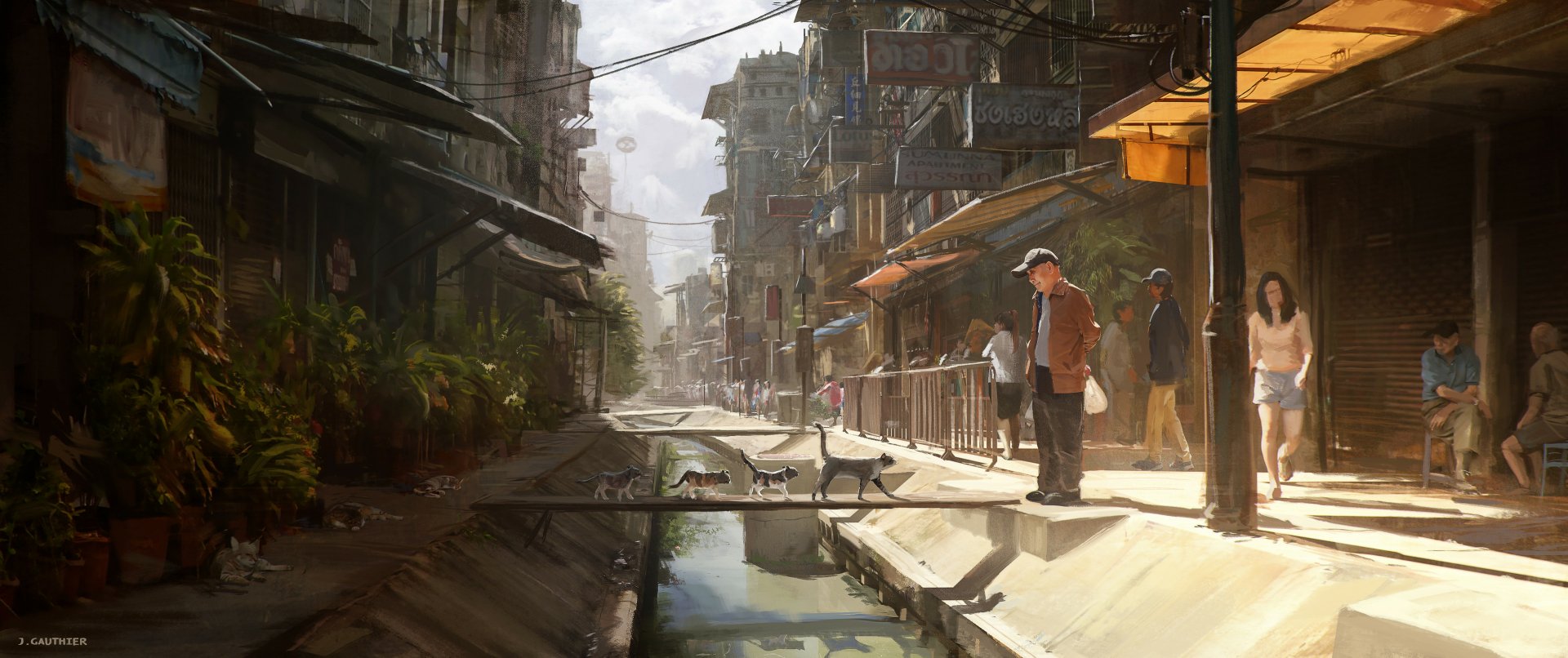 Download People Cat Cityscape Artistic Street HD Wallpaper by Julien Gauthier