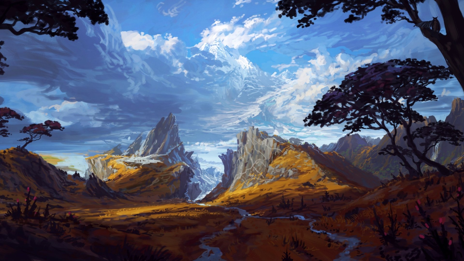 HD PC desktop wallpaper featuring a vibrant fantasy landscape with a winding river, towering mountains, and a dramatic sky framed by silhouetted trees.