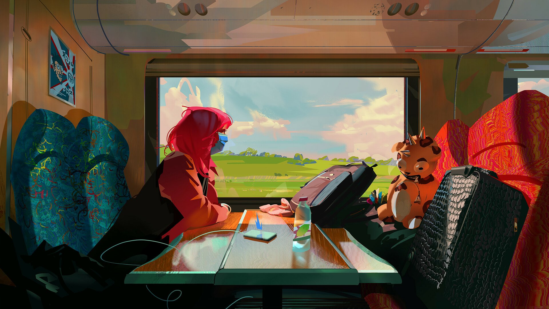 HD anime wallpaper featuring a girl with red hair staring out a train window. A plush toy is seated beside her, creating a peaceful and introspective travel scene.