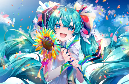 Vibrant 4K Ultra HD anime wallpaper featuring Hatsune Miku, the iconic Vocaloid, smiling brightly while holding a sunflower against a bright blue sky with colorful confetti.