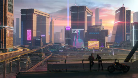 A futuristic cityscape from Cyberpunk 2077 showcased in vibrant 4K Ultra HD, featuring neon-lit skyscrapers and two figures overlooking the urban landscape at sunset.