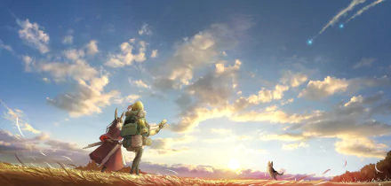 Anime original 4K Ultra HD PC desktop wallpaper and background: two adventurers and a small cat on a grassy hill watching a glowing sunrise beneath a vast cloud-streaked sky.