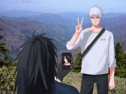 HD PC desktop wallpaper featuring Tobirama Senju and Madara Uchiha from the anime Naruto, set against a scenic mountain background.