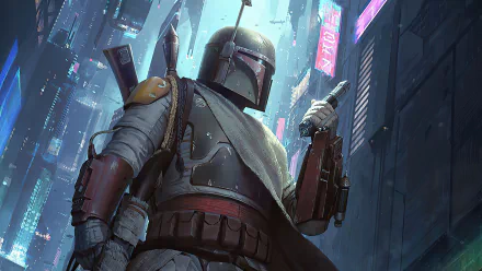 Boba Fett stands ready in a neon-lit sci-fi cityscape, captured in a detailed 4K Ultra HD Star Wars desktop wallpaper.