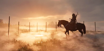 HD PC desktop wallpaper from the video game Ghost of Tsushima, featuring a lone samurai on horseback riding through a misty, sunlit battlefield.