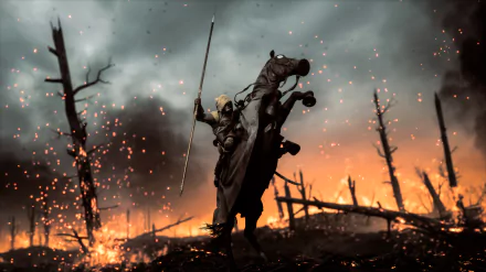Battlefield 1 video game 4K Ultra HD PC desktop wallpaper: cavalryman on a rearing horse charging through a burning, war-torn landscape with sparks, shattered trees and a smoky orange sky.