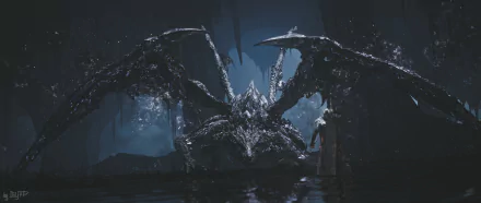 Darkeater Midir from the video game Dark Souls III — a colossal black dragon looming over a lone knight in a rain-slick cavern, 2K Quad HD PC desktop wallpaper/background.