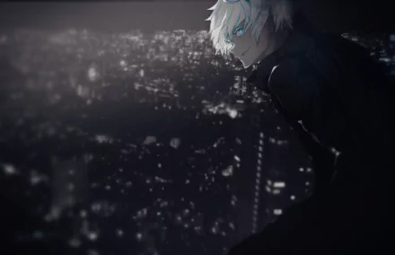 HD desktop wallpaper featuring Satoru Gojo from the anime Jujutsu Kaisen, overlooking a cityscape at night with glowing blue eyes.