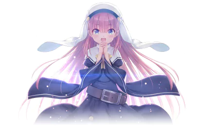 HD PC desktop wallpaper of Hina Satō from The Day I Became a God — pink-haired anime girl in a navy dress and white headscarf, hands clasped, soft glowing backlight.