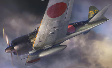HD PC desktop wallpaper: Mitsubishi A6M Zero military warplane (fighter aircraft) in flight, close-up three-quarter view over a dramatic cloudy sky.