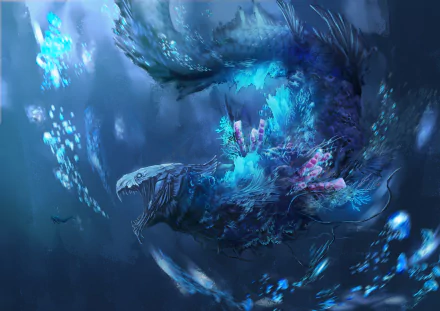 HD anime-style desktop wallpaper depicting a massive sea monster swirling underwater, illuminated by glowing blue coral and marine life in an original fantasy scene.