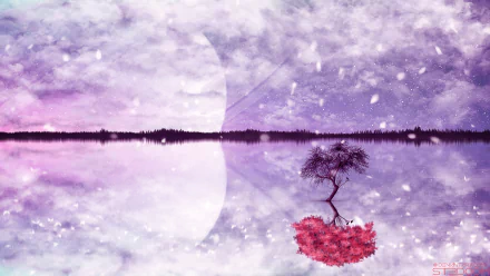 A 4K Ultra HD fantasy landscape featuring a serene lake reflecting a purple sky, with a single tree growing from a heart-shaped patch of vibrant sakura petals.