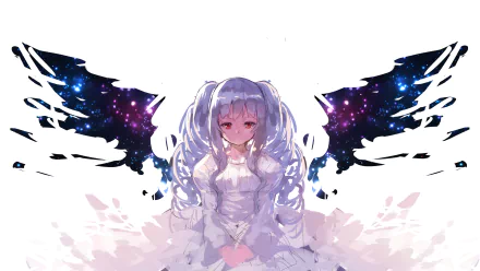 HD PC desktop wallpaper featuring an original anime character with long silver hair and cosmic-style wings against a white background.