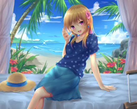 HD anime desktop wallpaper featuring a girl with blonde hair and purple eyes sitting by a tropical beach, surrounded by palm trees and vibrant flowers.