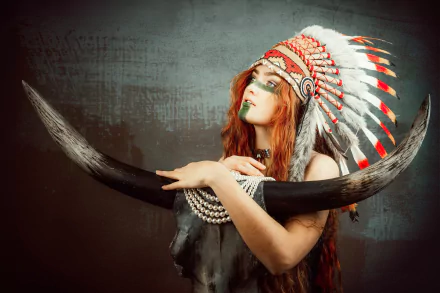 headdress redhead model woman native american HD Desktop Wallpaper | Background Image