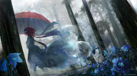 An anime scene featuring Nino Nakano from 5-Toubun no Hanayome, with short pink hair holding an umbrella in the rain. Blue flowers are in the foreground, creating a serene HD desktop wallpaper.