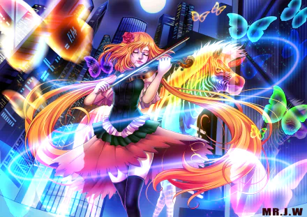 butterfly neon night violinist Anime music anime night neon anime HD Desktop Wallpaper | Background Image